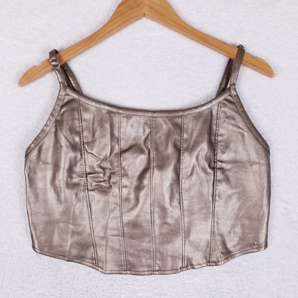 KIRIOUS Metallic Bronze Faux Leather Corset Top Women XL Crop Y2K Party Festival